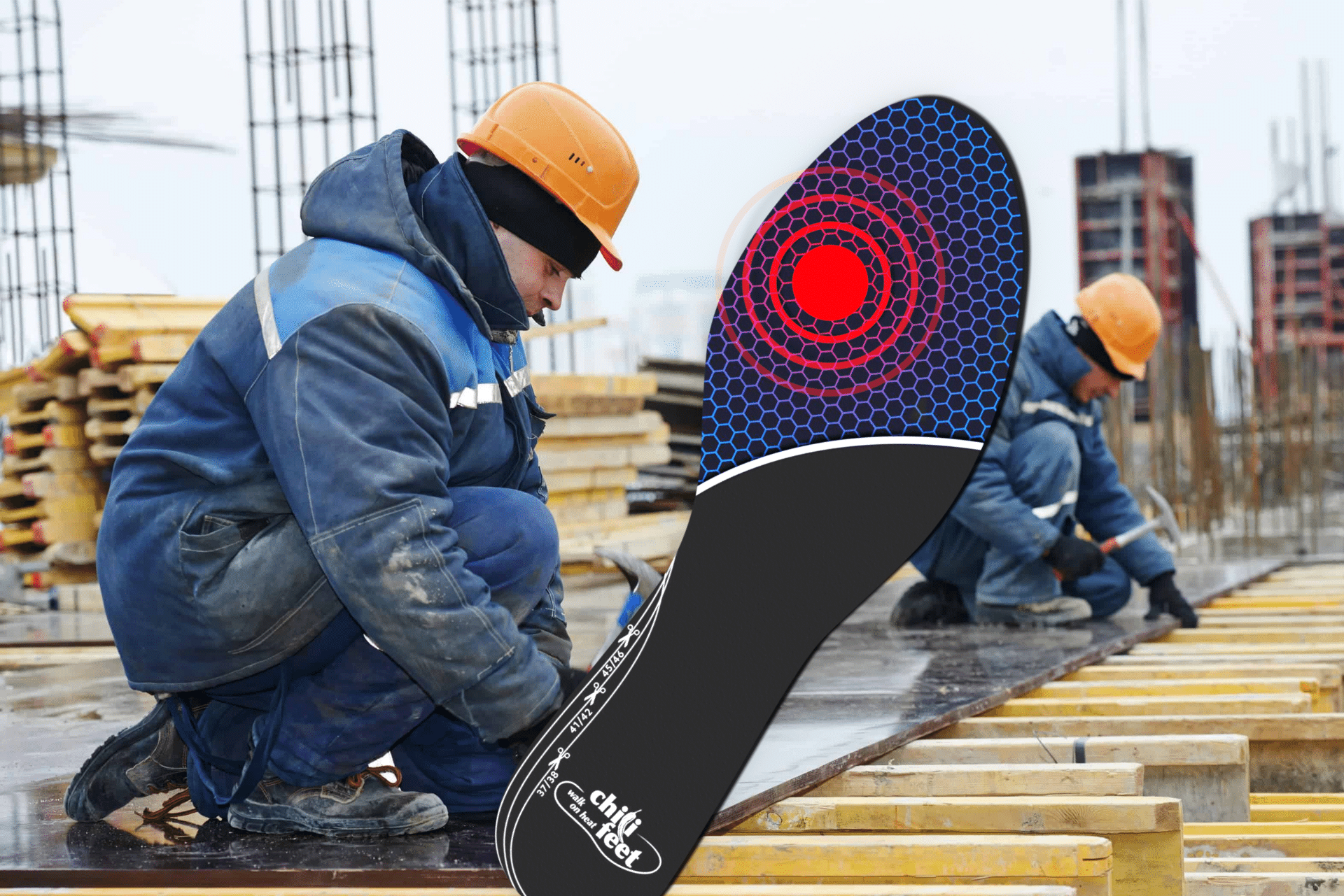 Titelbild eines Bauarbeiters im Winter mit der chili-feet Wärmesohle eingeblendet