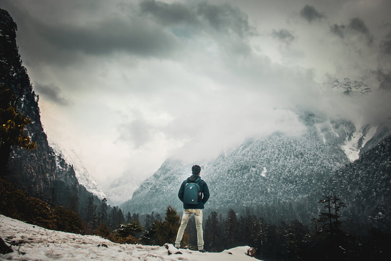 Foto einer Person welche in die verschneiten Berge schaut