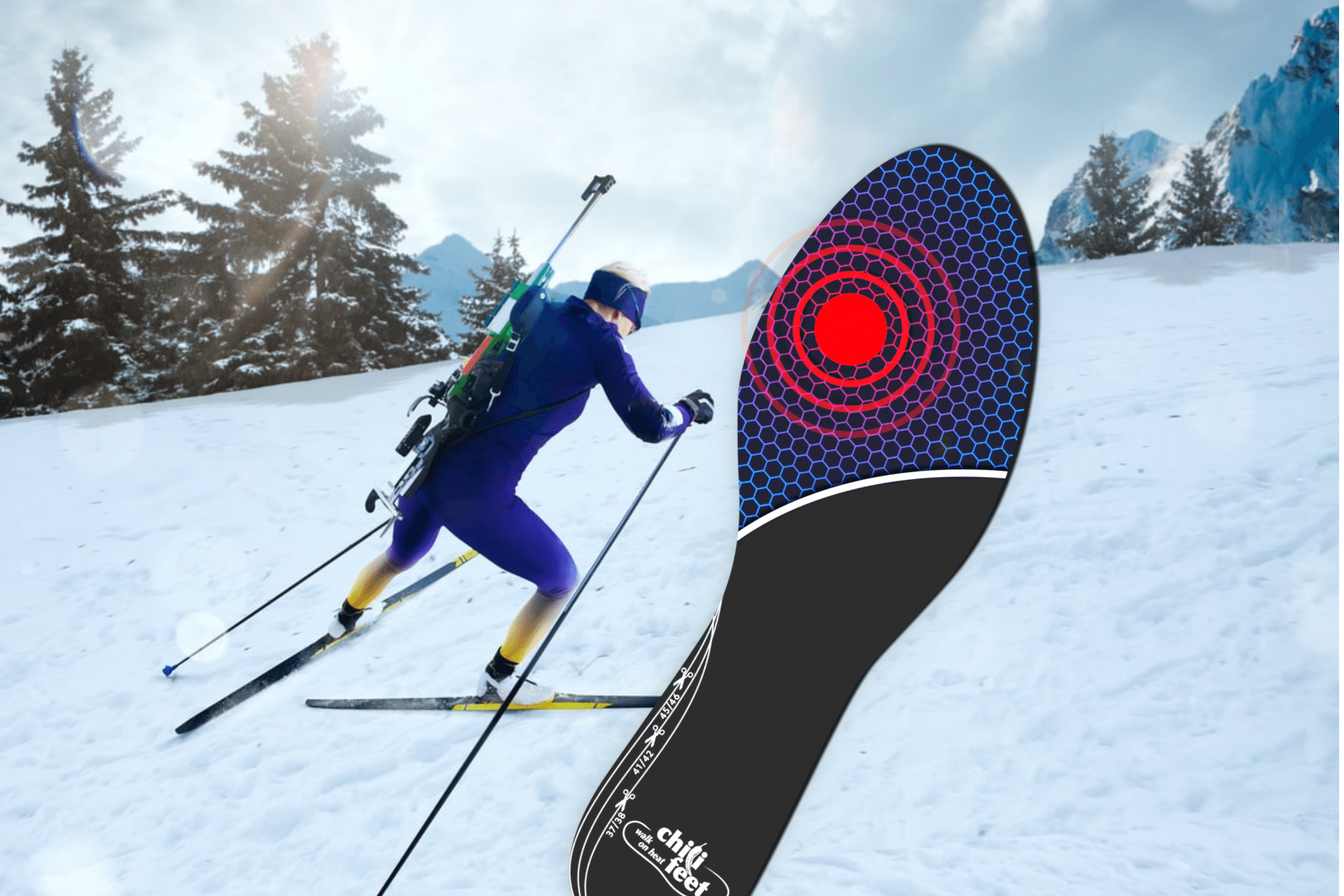 Titelbild eines Spitzensportlers im Biathlon mit der chili-feet Wärmesohle eingeblendet